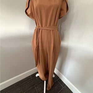 Calvin Klein Rust-Tan Belted Wide-Leg Jumpsuit